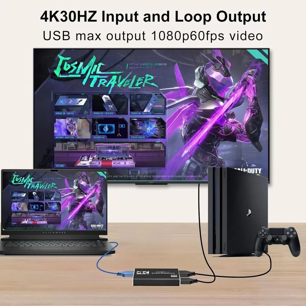 4K Game Capture Card 1080P 60FPS Video Streaming Mic Input Headphone Output